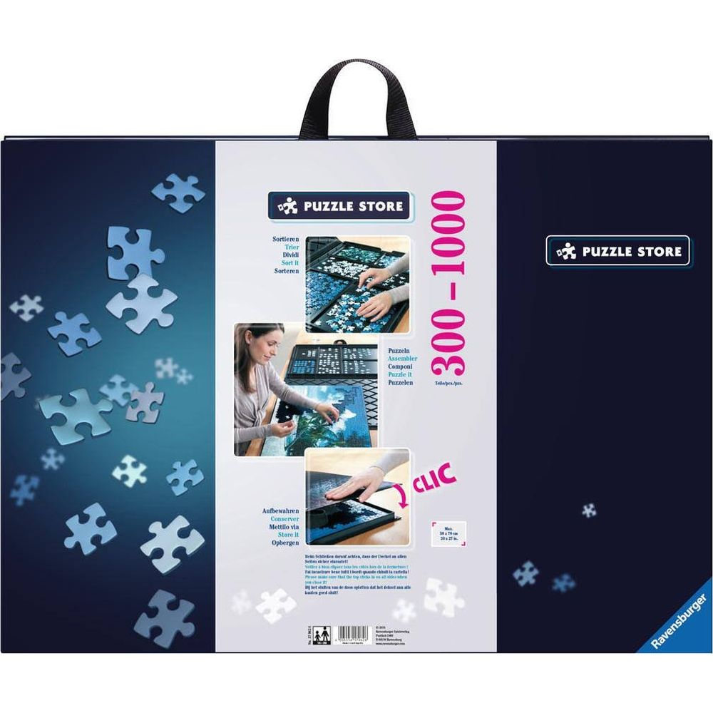 Verpackung für ein 300-1000 Teile Puzzle mit Bildern von Puzzleteilen und Montage.