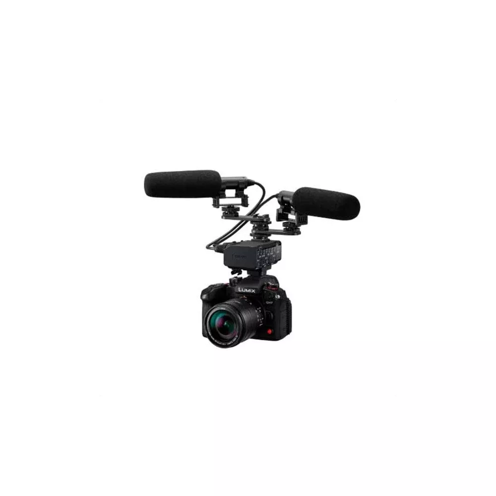 Une caméra Lumix avec micros et accessoires, isolée sur fond blanc.