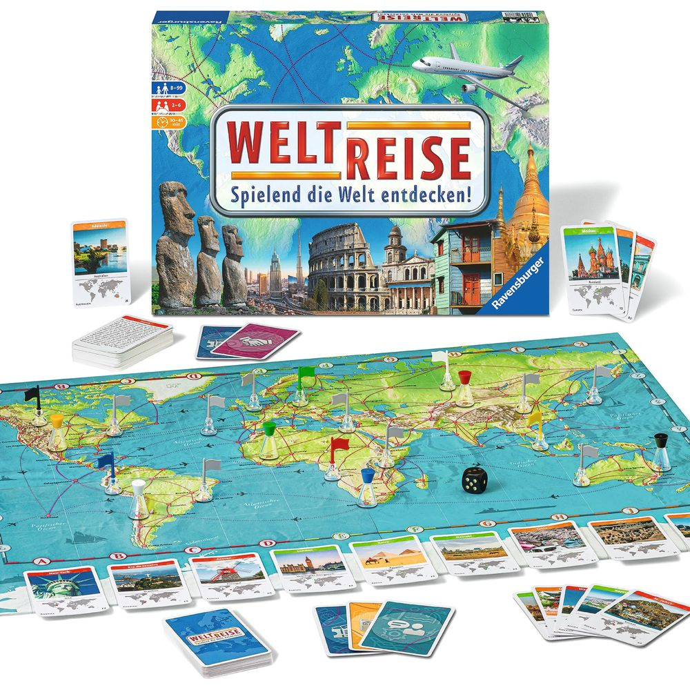 Weltreise Brettspiel mit Weltkarte, Spielkarten und Spielfiguren.