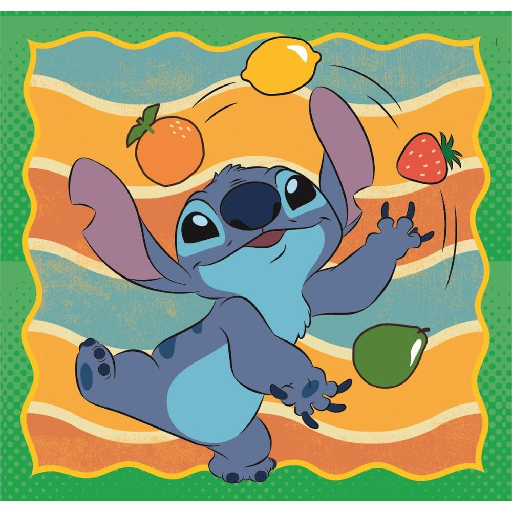 Stitch jongliert mit Früchten vor einem bunten Hintergrund.