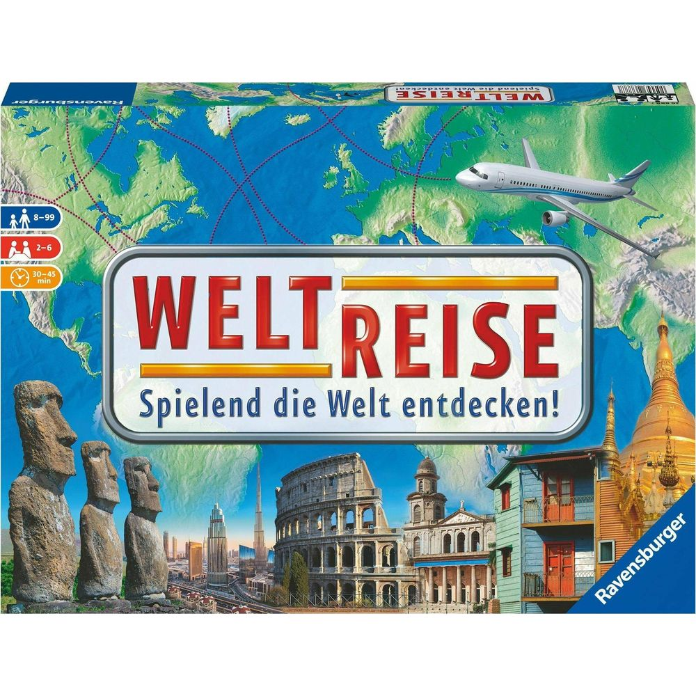 Spielbrett Weltreise mit Sehenswürdigkeiten und Flugzeug.