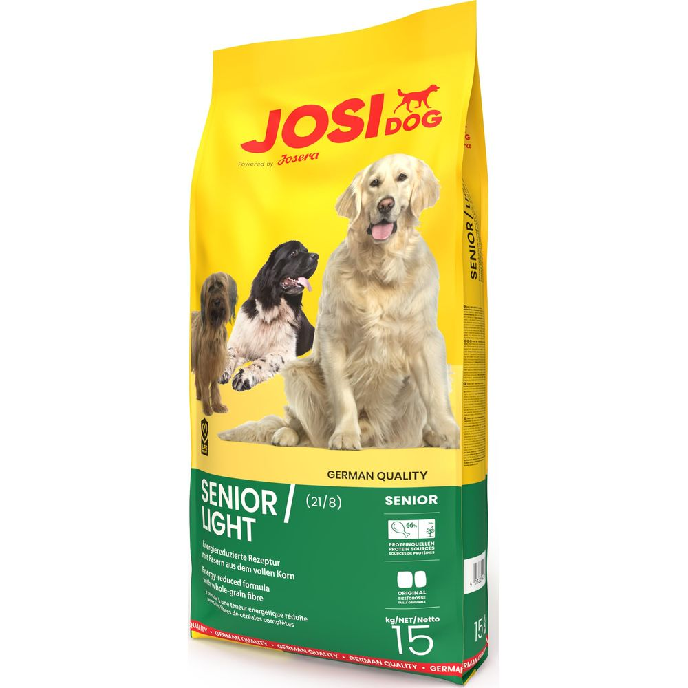 Torba karmy dla psów Josi Dog Senior Light z trzema psami: Golden Retriever, Briard i Nowofundland.