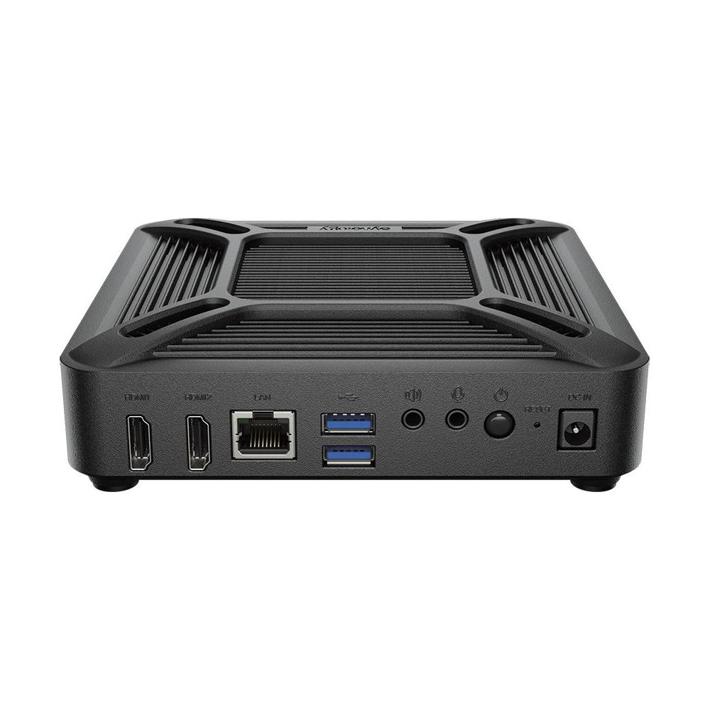 Dispositivo NAS negro con puertos: 2x HDMI, LAN, 2x USB, audio, reset, DC IN.