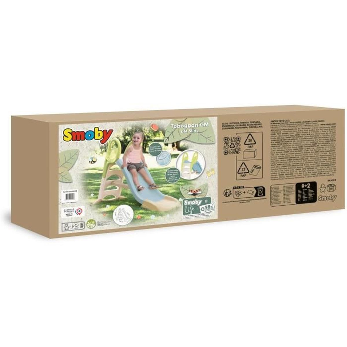 Scivolo Smoby GM su confezione di cartone con una bambina che scivola.