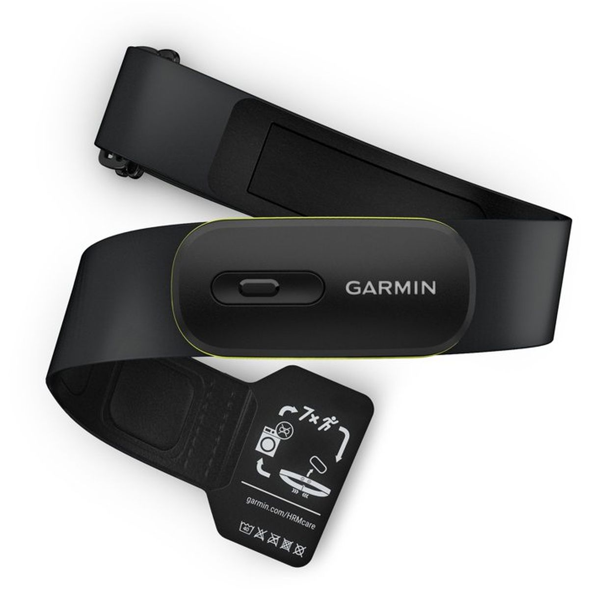 Czarny pas Garmin do monitora tętna z żółtym wykończeniem i srebrnym guzikiem.