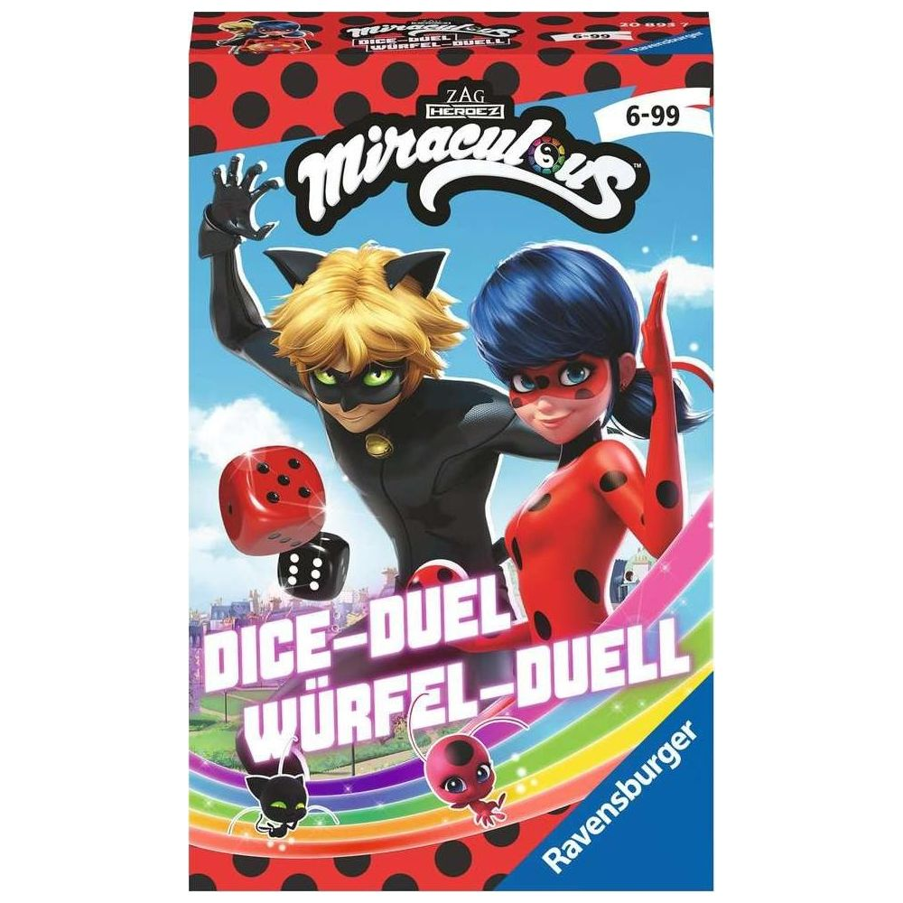 Miraculous Würfel-Duell Box mit Cat Noir und Ladybug, roten und schwarzen Würfeln.