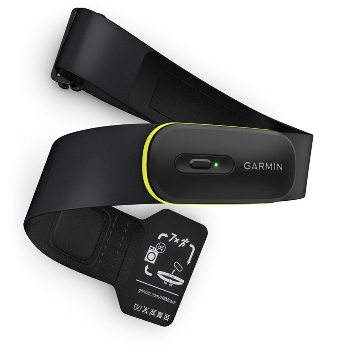 Czarny pasek Garmin do monitorowania tętna z żółtym wykończeniem i zieloną diodą.