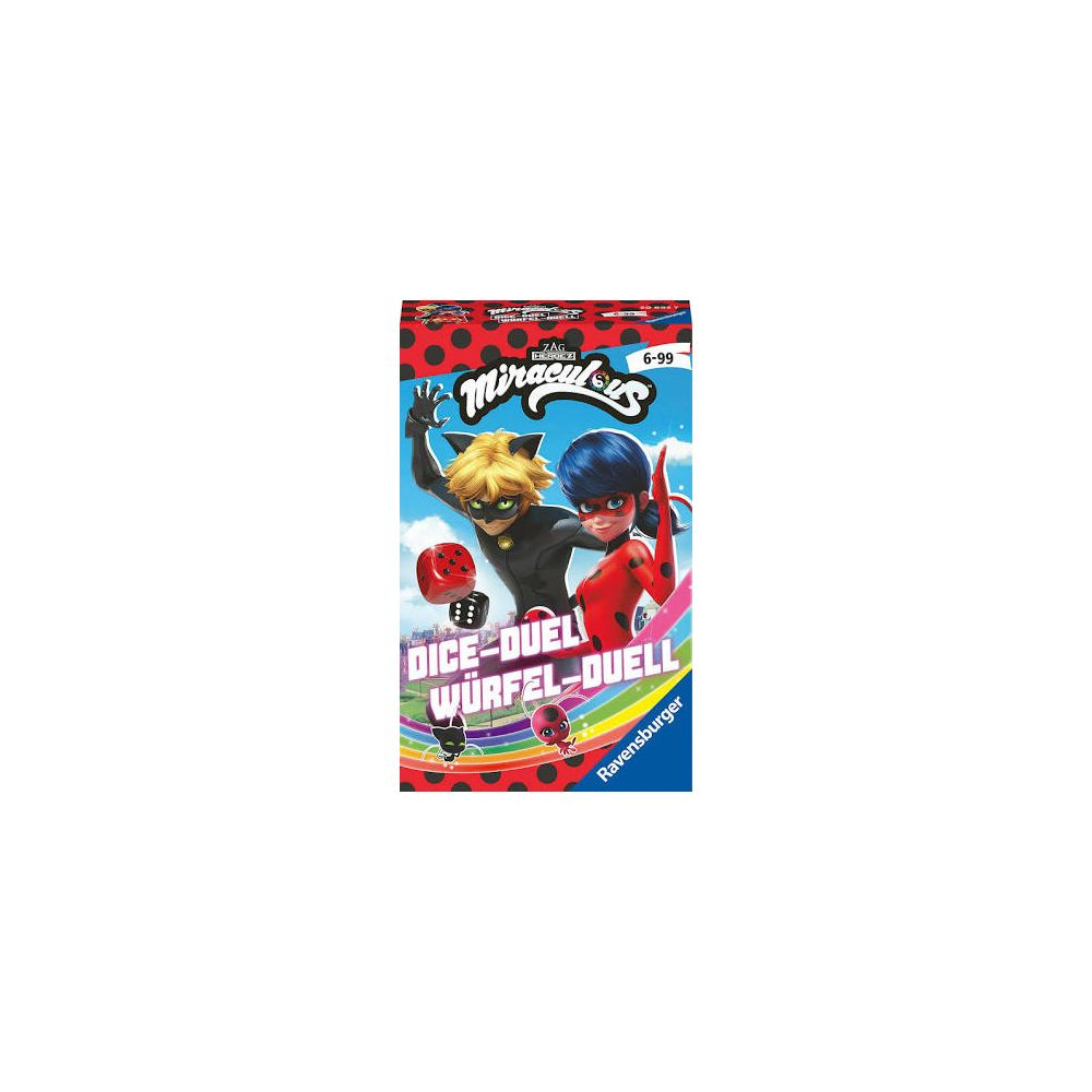 Miraculous Würfelspiel-Box mit Cat Noir und Ladybug, Würfeln und Logo.