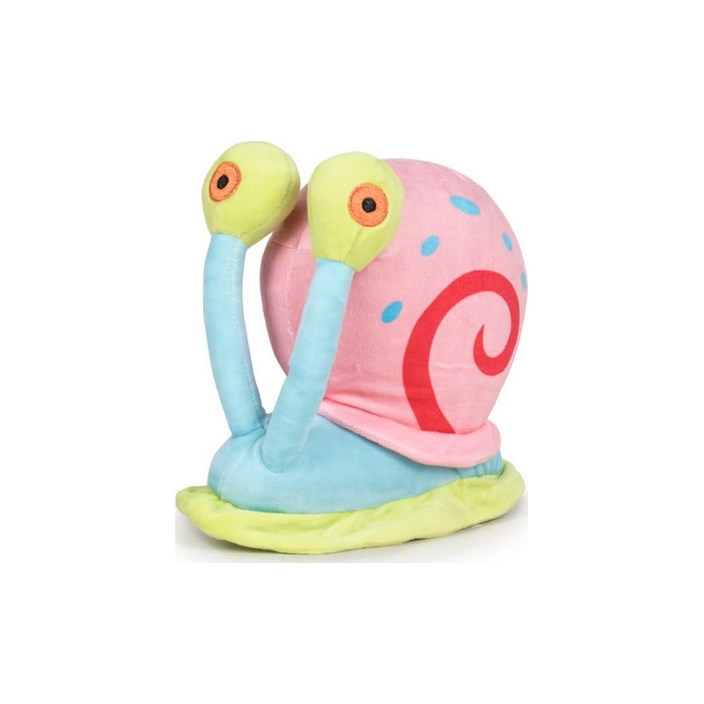 Ein rosa Gary-Plüschtier mit blauen Punkten und einem roten Spiralmuster.