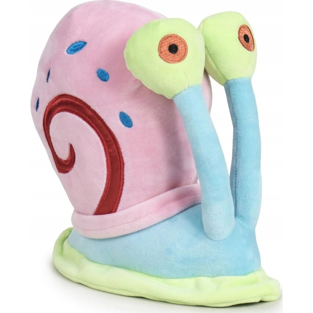Ein pinker Plüsch-Schneckenhut mit blauen Tupfen und Augen auf Stielen.