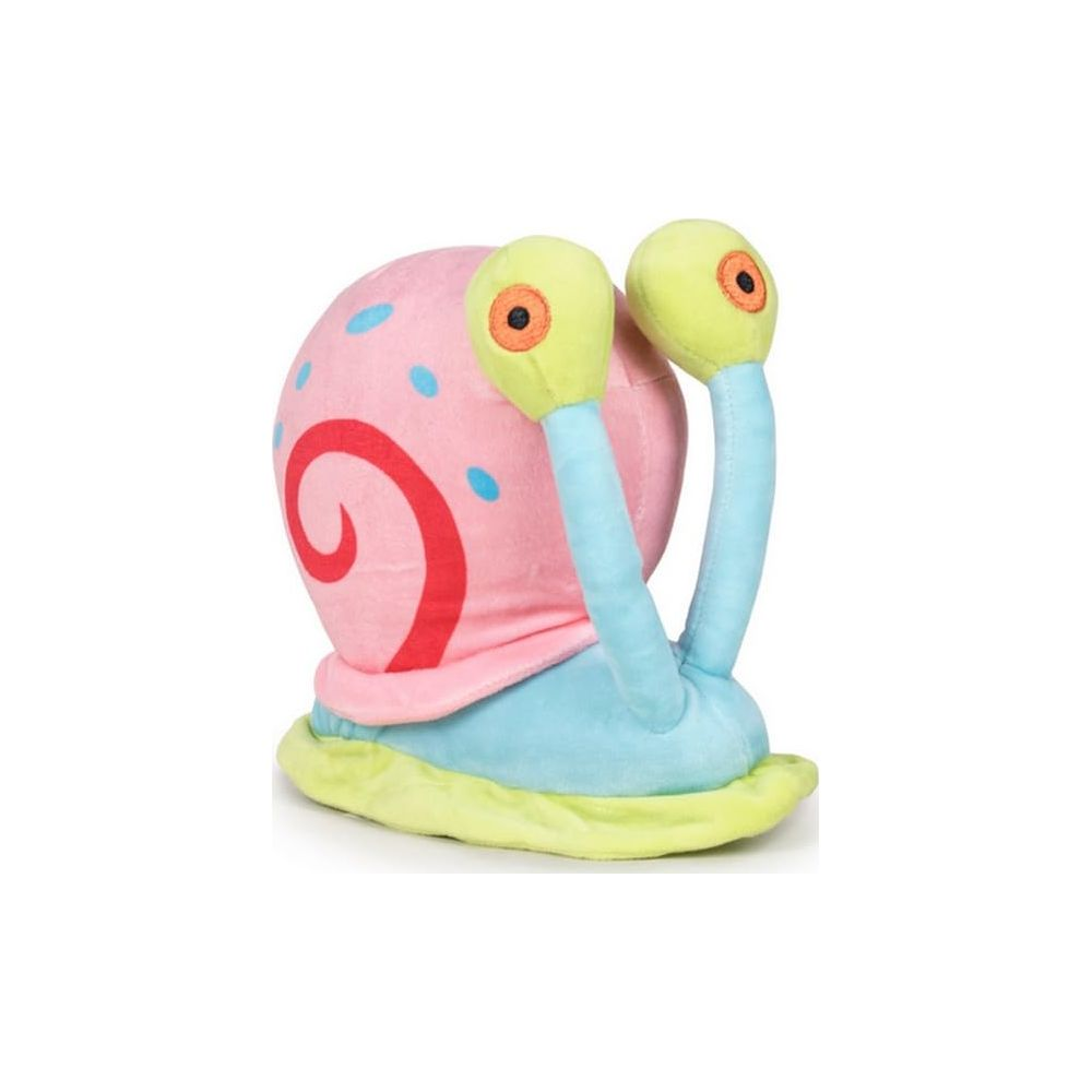 Eine Plüschfigur von Gary Schnecke mit rosa Haus, blauen Tupfen und roten Spiralen.