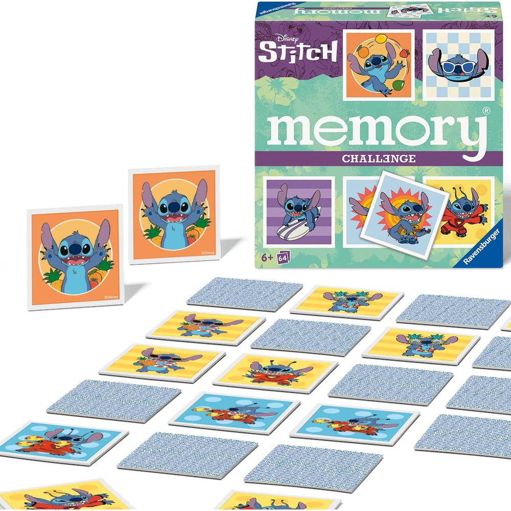 Disney Stitch Memory speldoos met kaarten. Stitch staat op kaarten en doos.