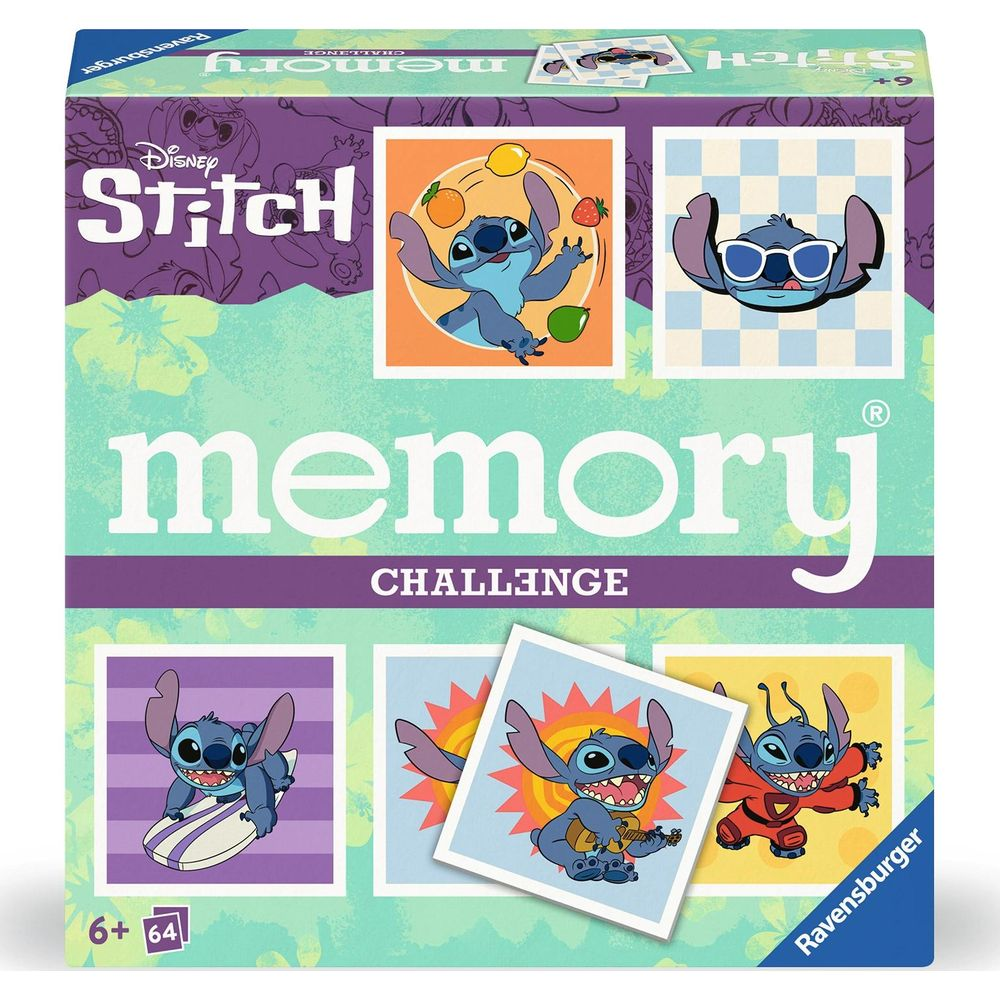 Stitch Memory Challenge speldoos met kleurrijke afbeeldingen van Stitch, fruit en zon.