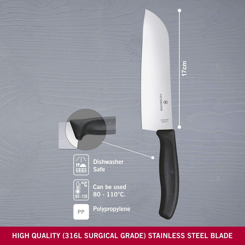 Un cuchillo de chef Victorinox con hoja de 17cm y mango negro.
