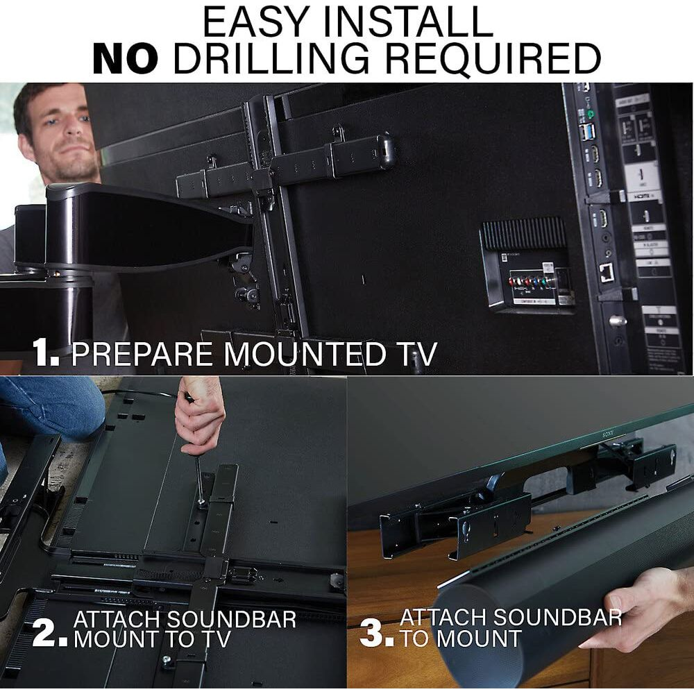 TV-bevestigingsinstallatie: TV voorbereiden, soundbar-bevestiging monteren, soundbar monteren.