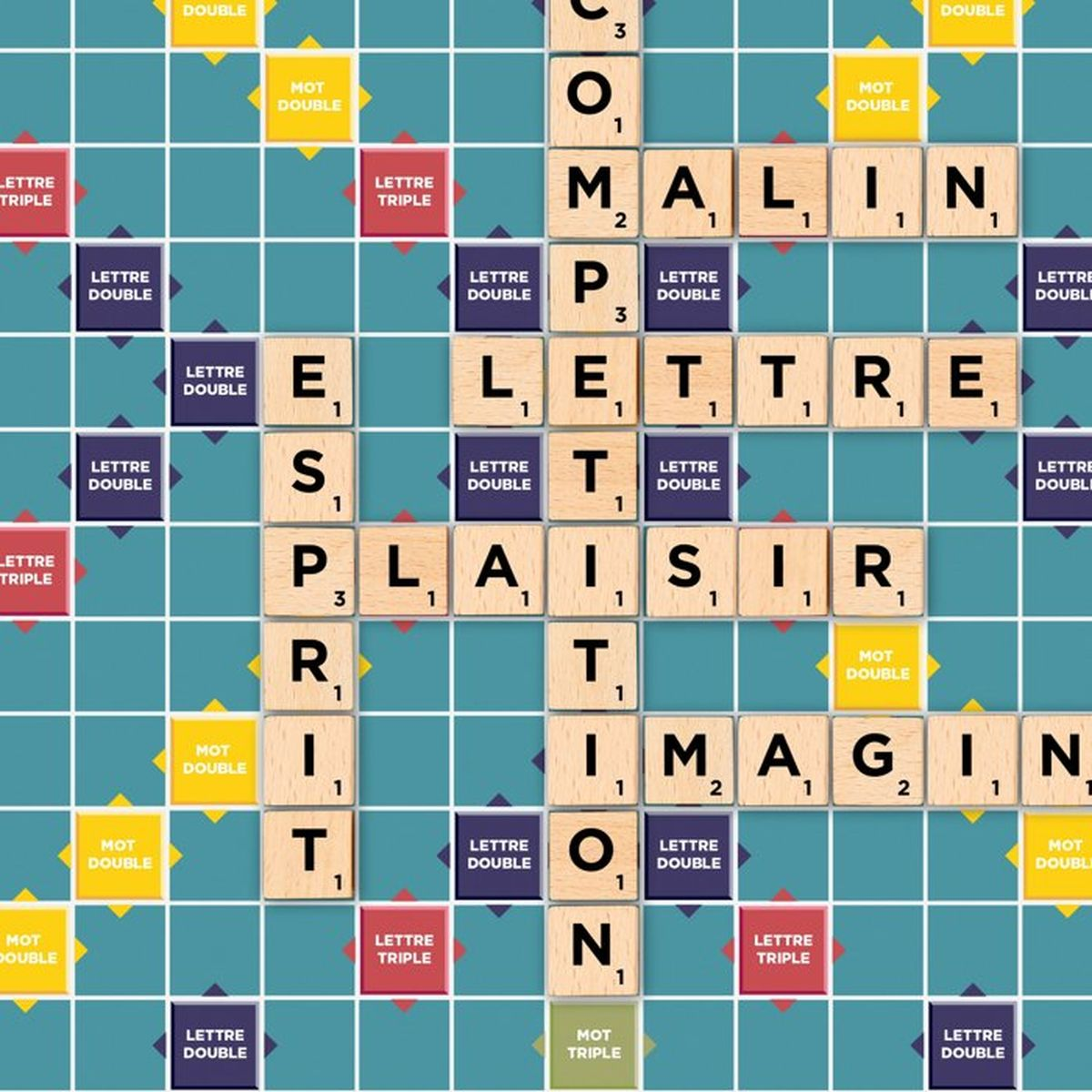 Plansza do Scrabble z słowami "COMPLAIN", "ELETTRE", "PLAISIR" i "IMAGIN".