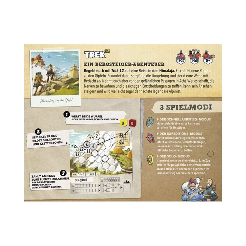 Tabellone di gioco Trek 12: Avventura alpinistica con carte, dadi, modalità.