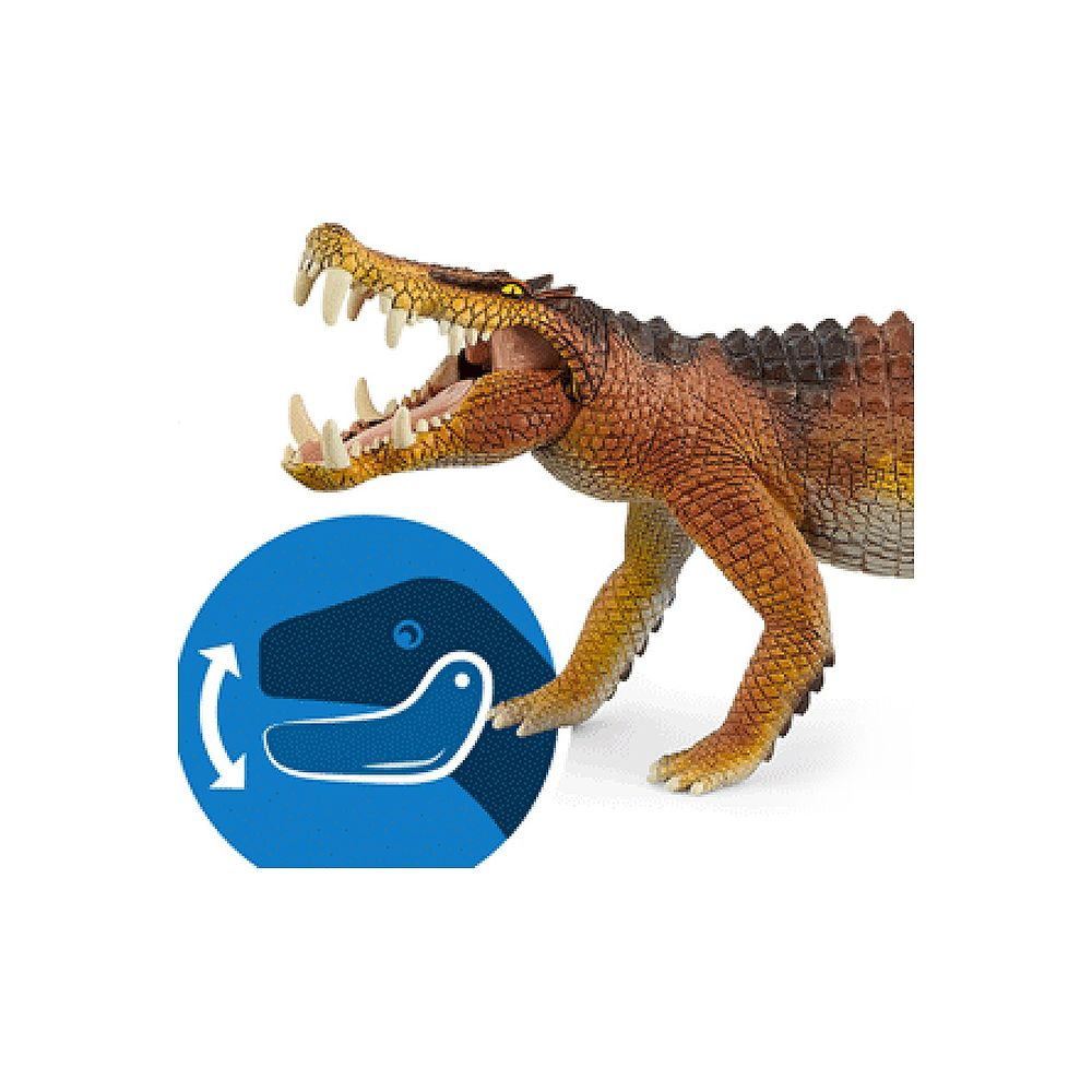 Brązowa zabawka krokodyla z otwartym pyskiem i niebieskim kółkiem.