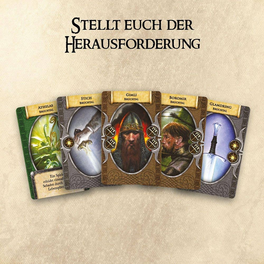 Cinco cartas de juego con personajes y armas de El Señor de los Anillos.