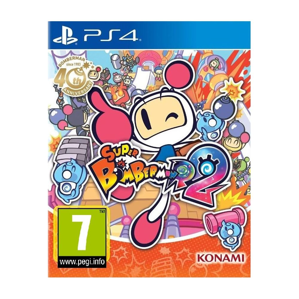 PS4 Spielcover Super Bomberman 2 mit Bomberman Figuren und Bomben.
