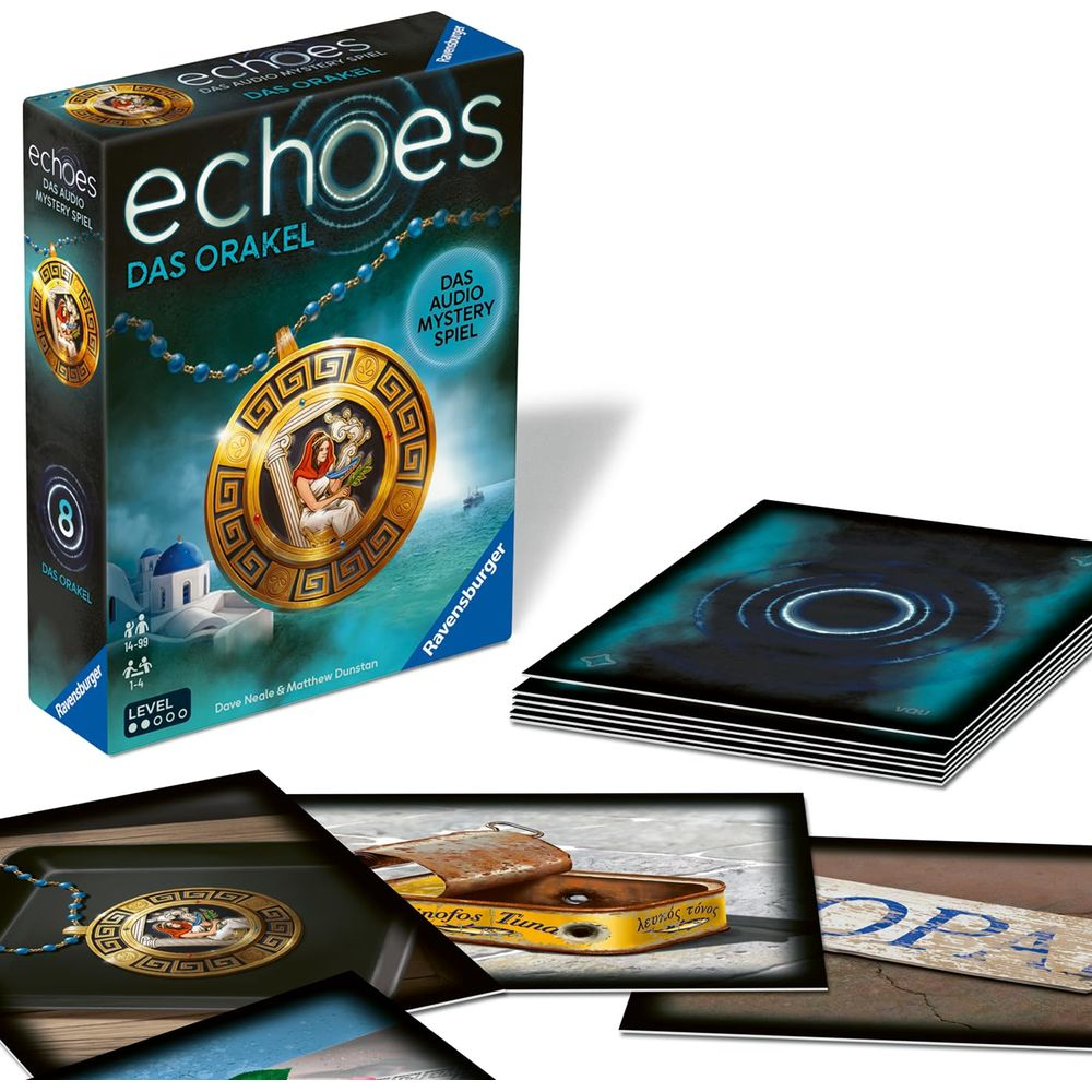 Scatola del gioco "Echoes: Das Orakel" con ciondolo e mazzo di carte.