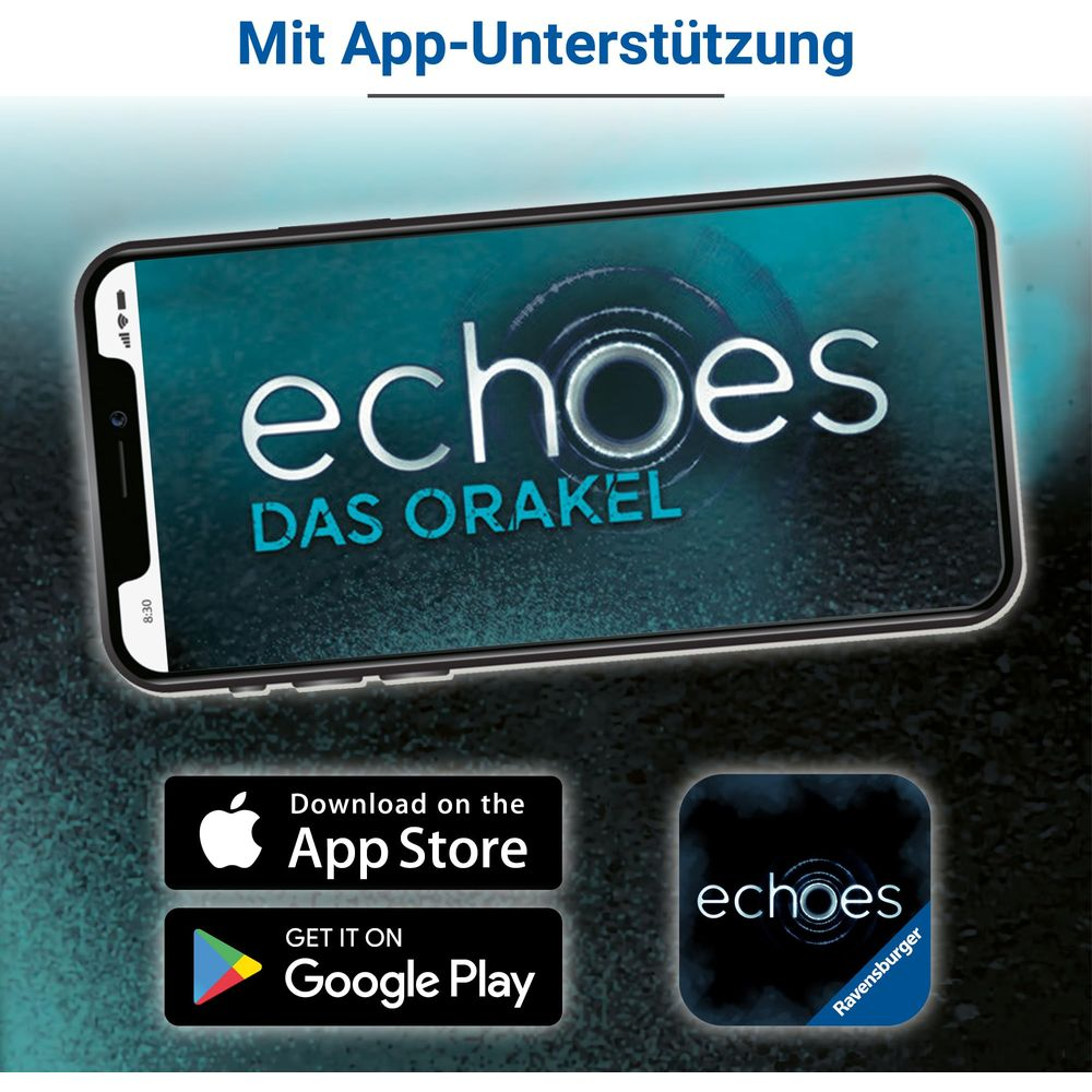 Smartphone mostra gioco "echoes DAS ORAKEL", pulsanti App Store, logo Ravensburger.