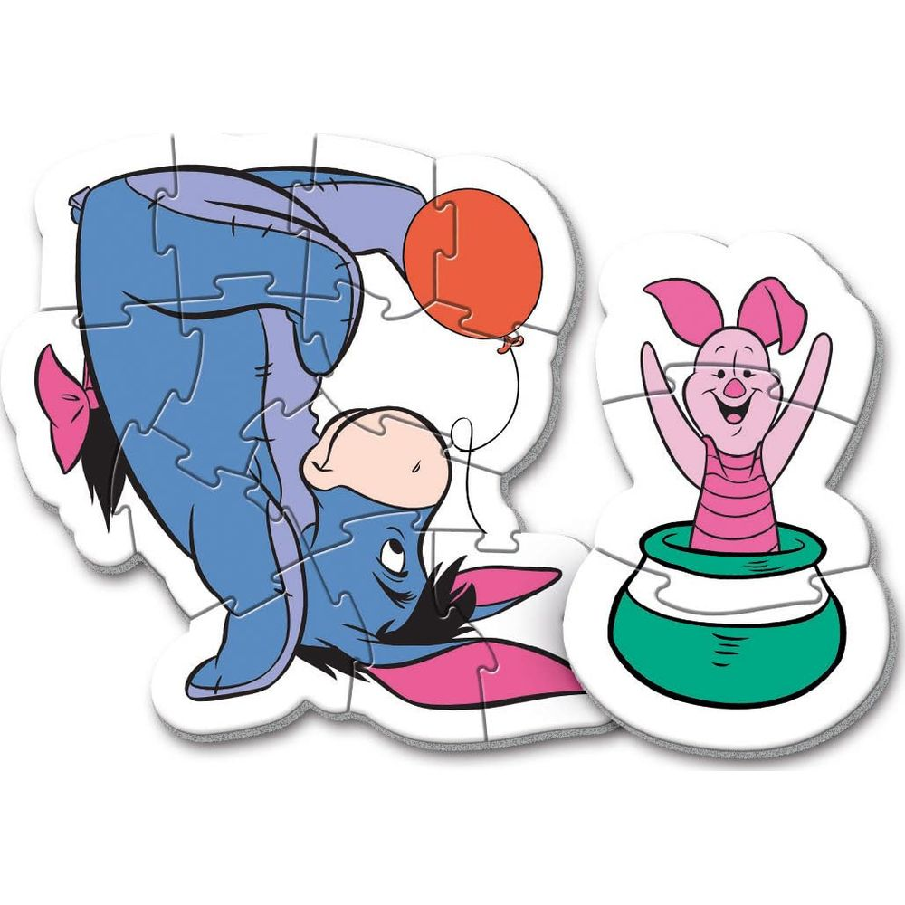 Eeyore e Pimpi di Winnie the Pooh come pezzi di puzzle. Eeyore tiene un palloncino rosso.