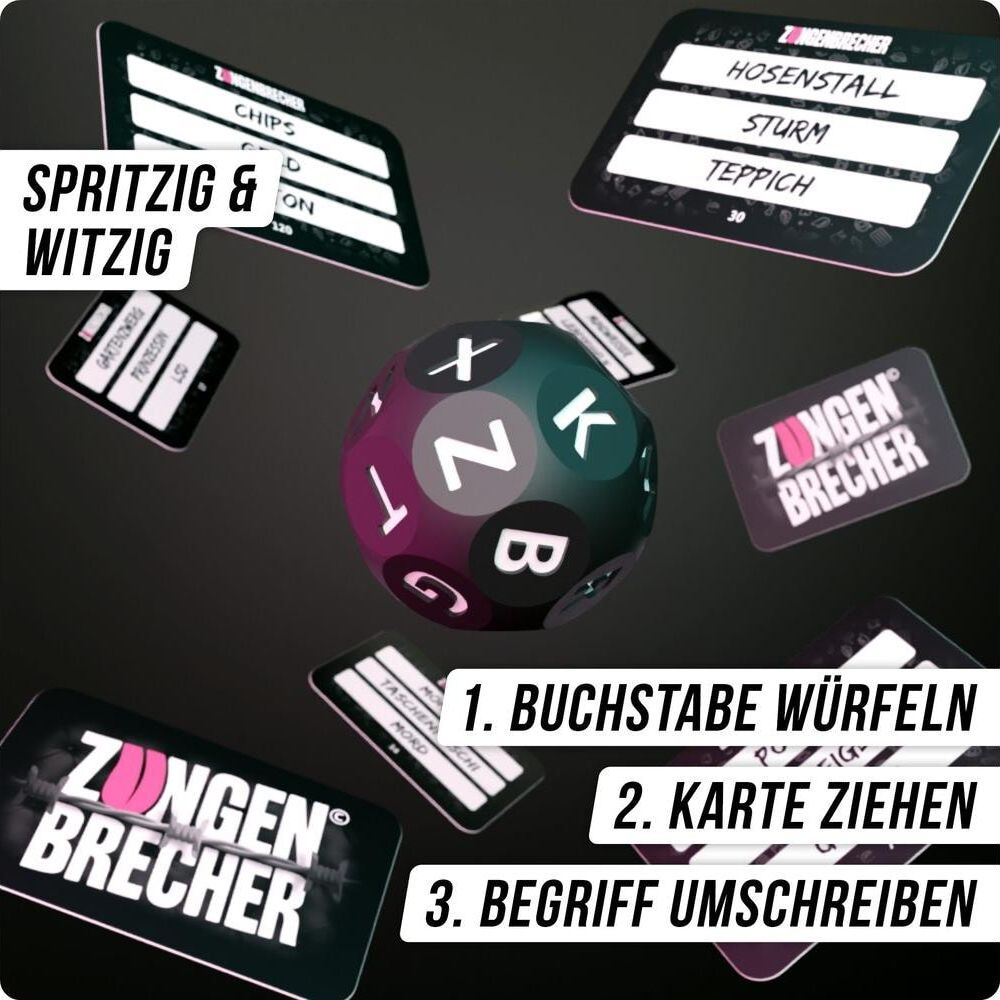 Tabellone di gioco con dado, carte e istruzioni. "Spritzig & Witzig".