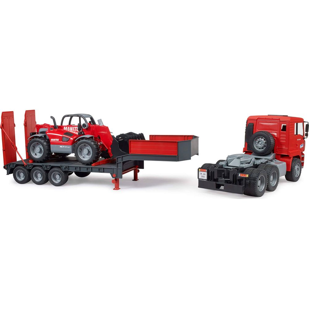 Roter LKW mit Anhänger, darauf ein roter Radlader.