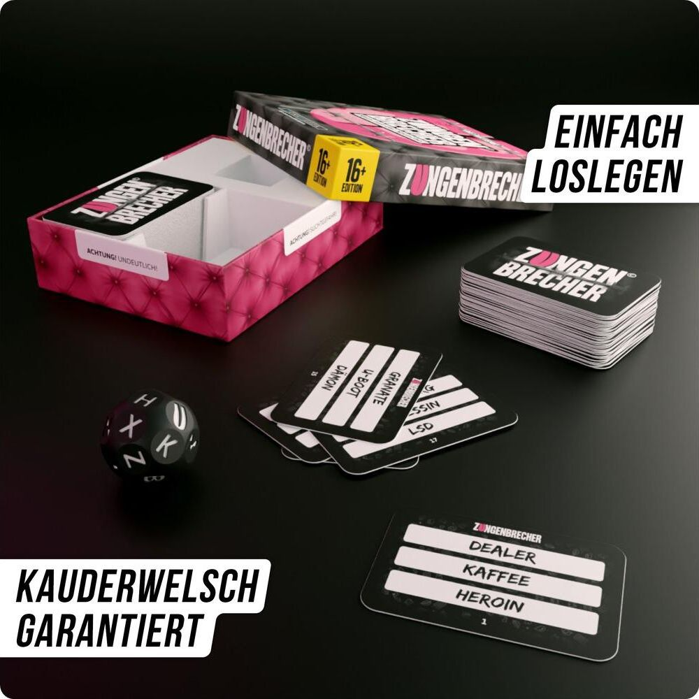 Plancia di gioco con carte, dadi e scatola del gioco. Testo in tedesco.
