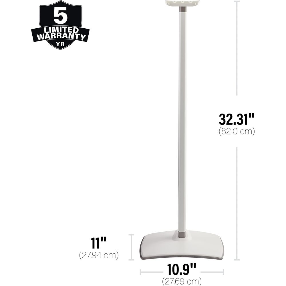 Een witte standaard met een 5-jaars garantiezegel. Afmetingen worden aangegeven.