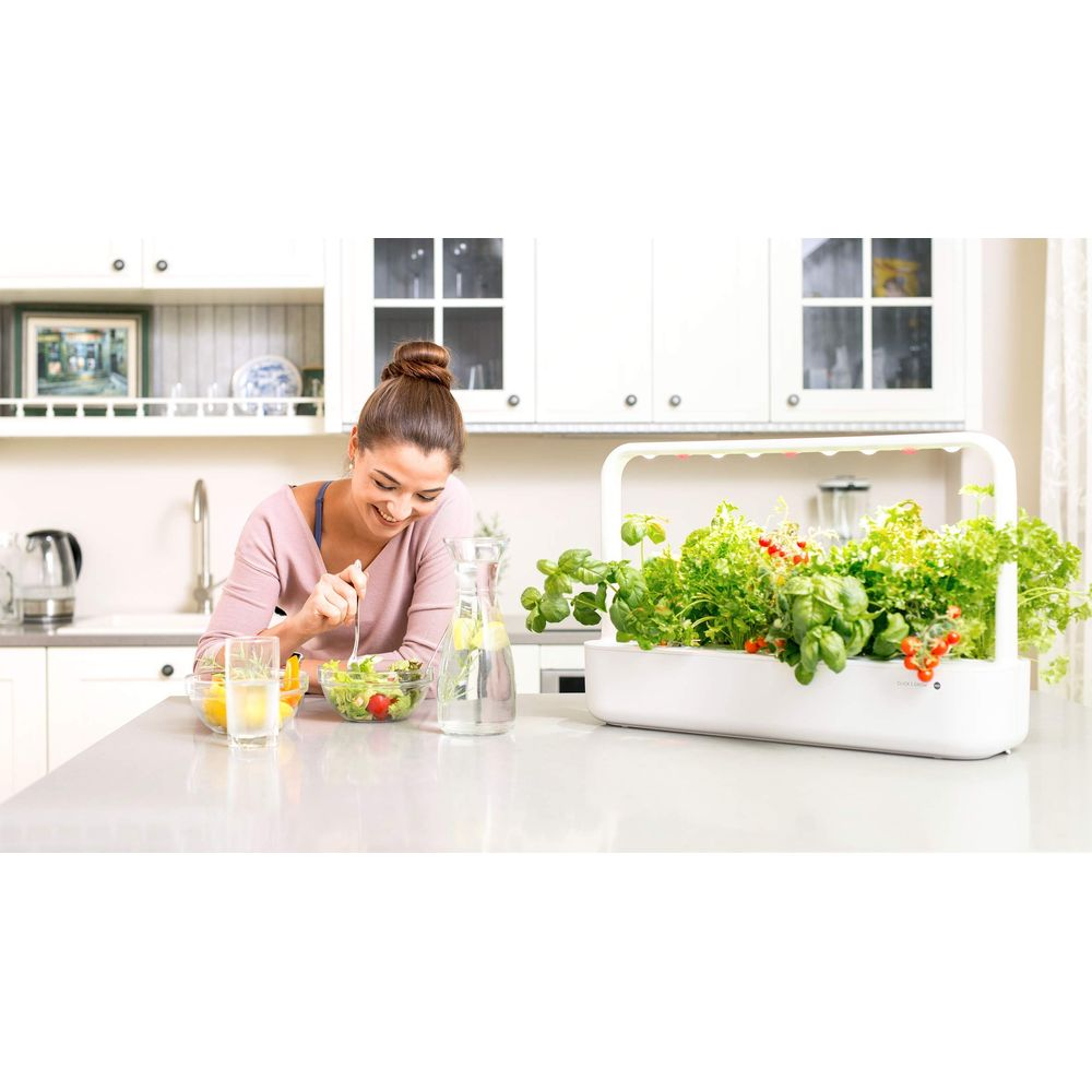 Une femme mélange une salade dans une cuisine à côté d'un potager d'intérieur.