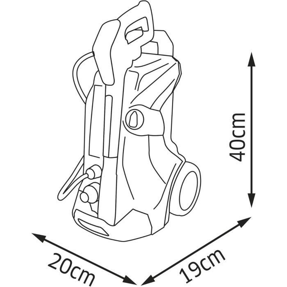 Schizzo idropulitrice con dimensioni: 40cm altezza, 20cm larghezza, 19cm profondità.