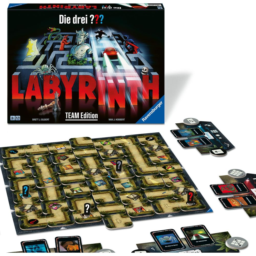 Gioco da tavolo "Die drei ?? Labyrinth Team Edition" con tabellone e carte.