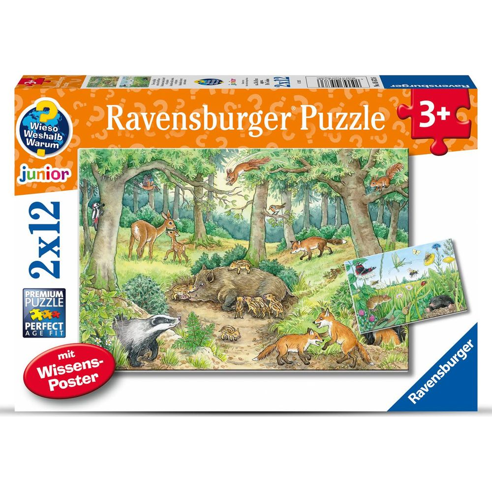 Puzzle Ravensburger ze zwierzętami leśnymi: dzik, lisy, sarna, borsuk i wiewiórki.