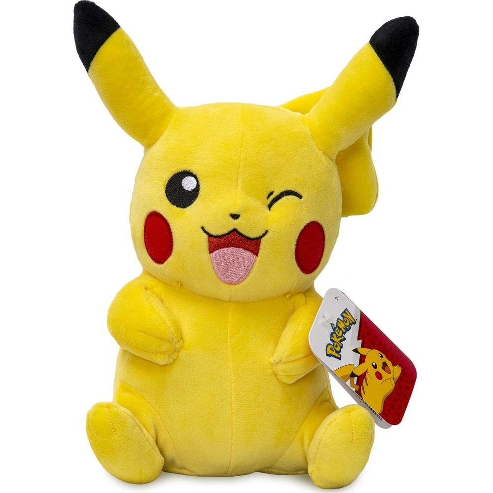 Ein gelbes Pikachu-Plüschtier mit roten Wangen und schwarzen Ohrspitzen.