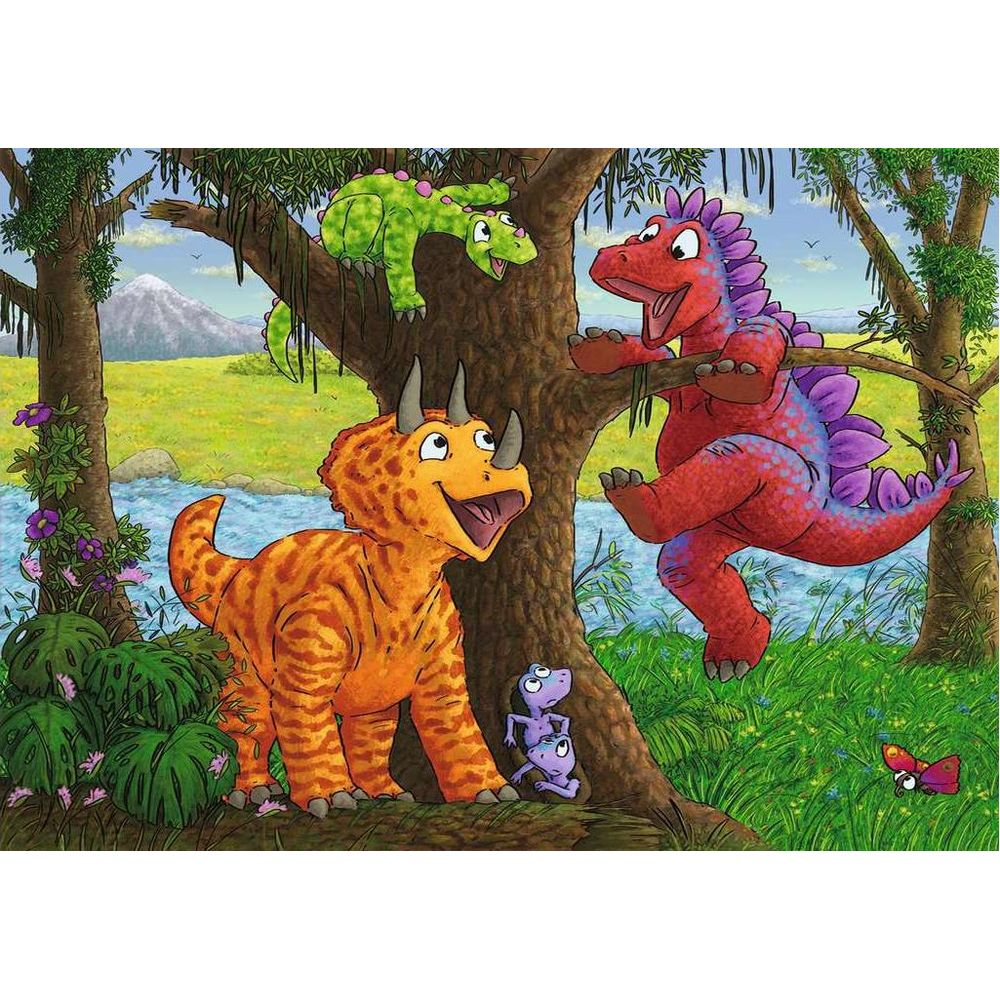 Bunte Dinosaurier in einem Wald mit einem Fluss und Bergen im Hintergrund.