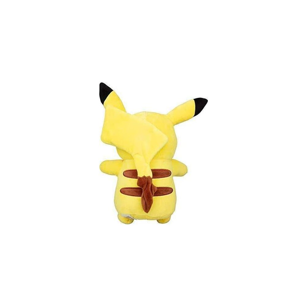 Plüschfigur von Pikachu von hinten, gelb mit braunen Streifen am Rücken.