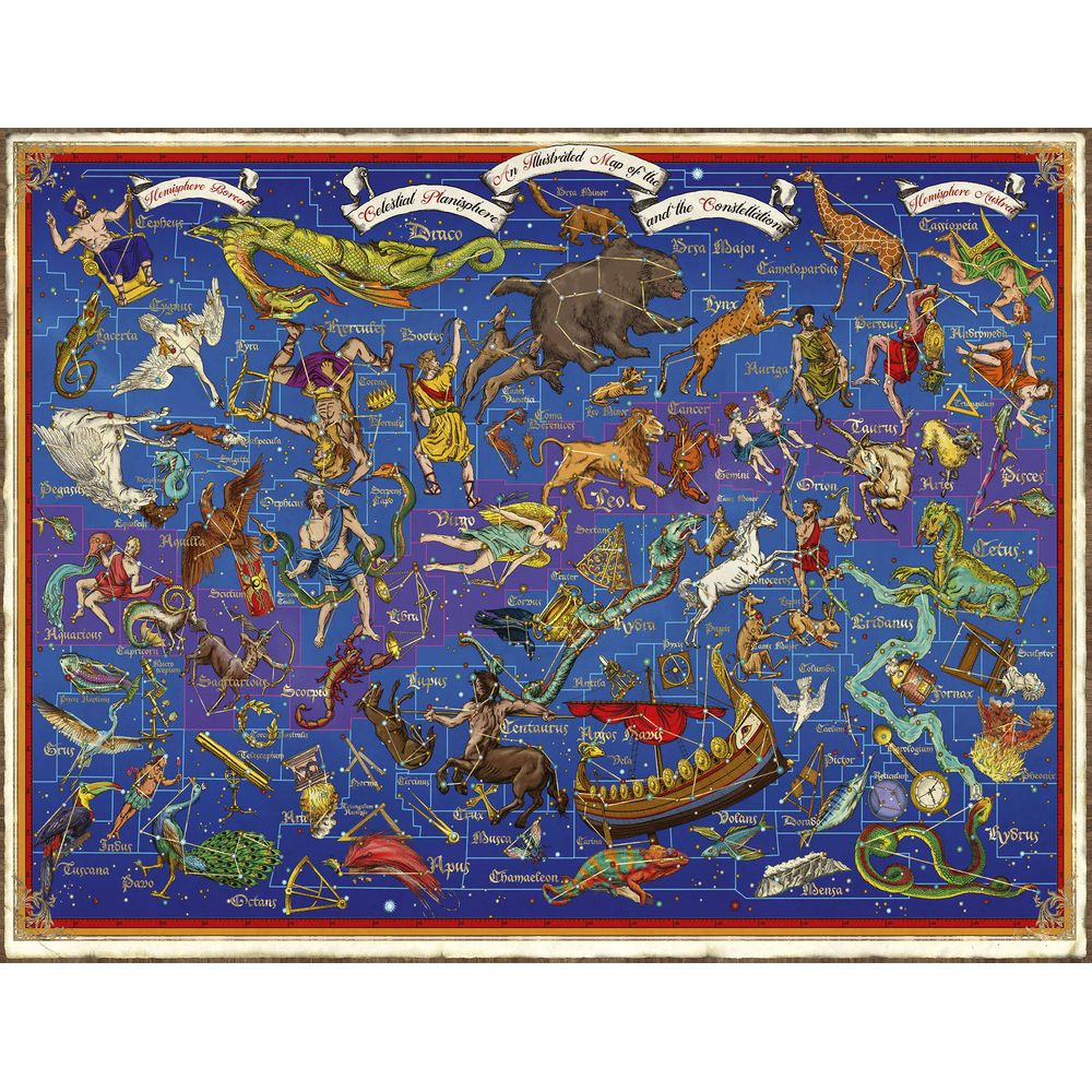 Mapa gwiazd z konstelacjami, postaciami mitologicznymi i zwierzętami na niebieskim tle.