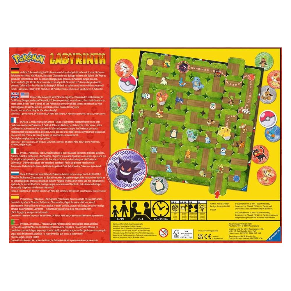 Plansza gry Pokémon Labyrinth z figurkami i kafelkami.