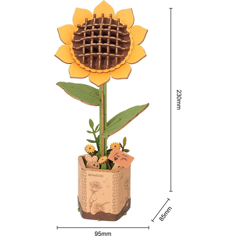Drewniany model słonecznika w doniczce z pszczołą i kartką "Dla Ciebie".