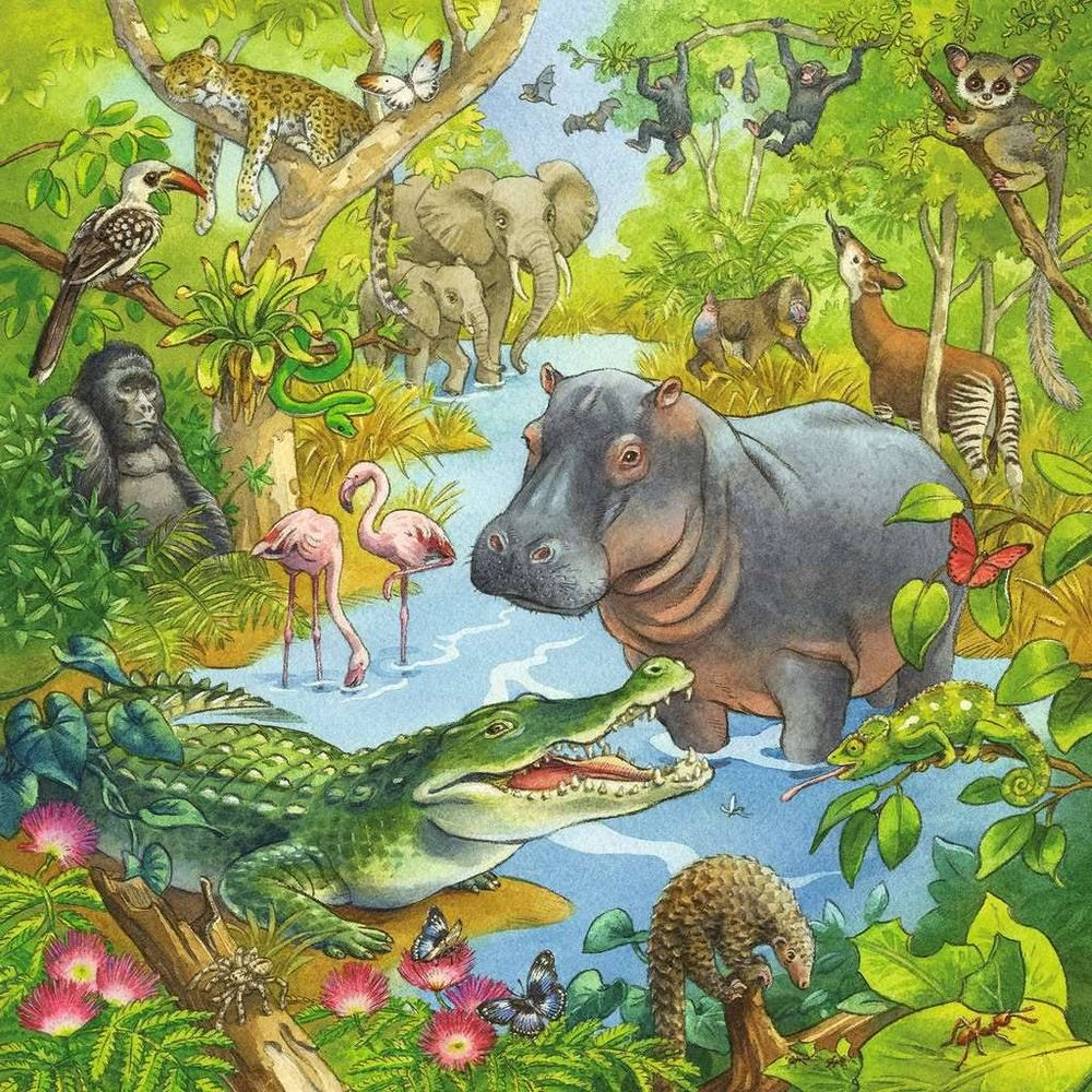 Dschungelszene mit Nilpferd, Krokodil, Elefanten, Affen, Leoparden, Flamingos.