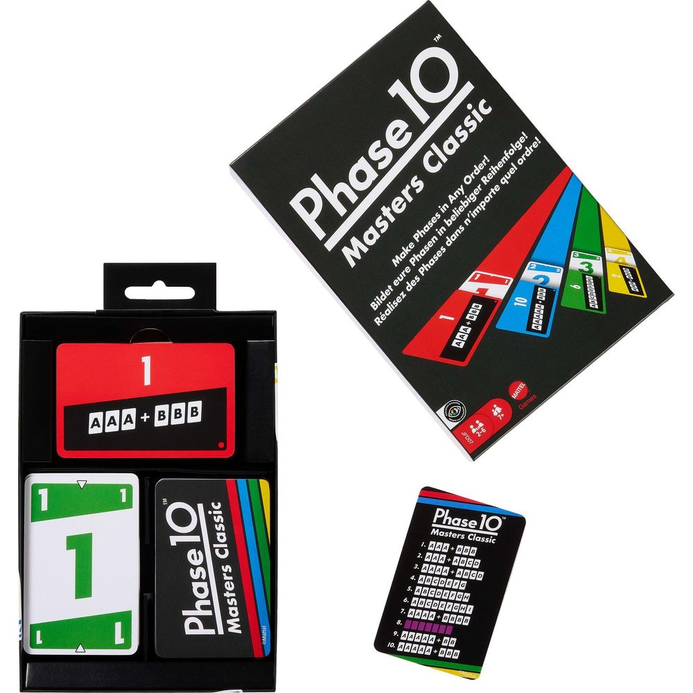 Gioco di carte Phase 10 Masters Classic: confezione, carte e istruzioni.