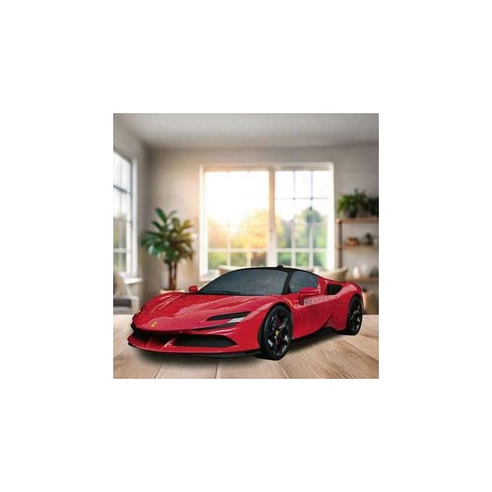Un'auto sportiva rossa con tetto nero è su un tavolo di legno.
