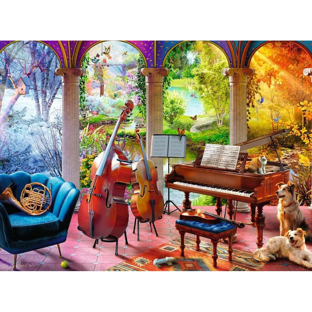 Ein Orchester aus Tieren und Instrumenten in einer schönen, saisonalen Gartenlandschaft.