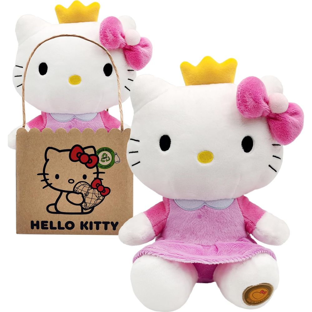 Zwei Hello Kitty Plüschtiere, eines in einer Papiertüte mit Aufdruck.