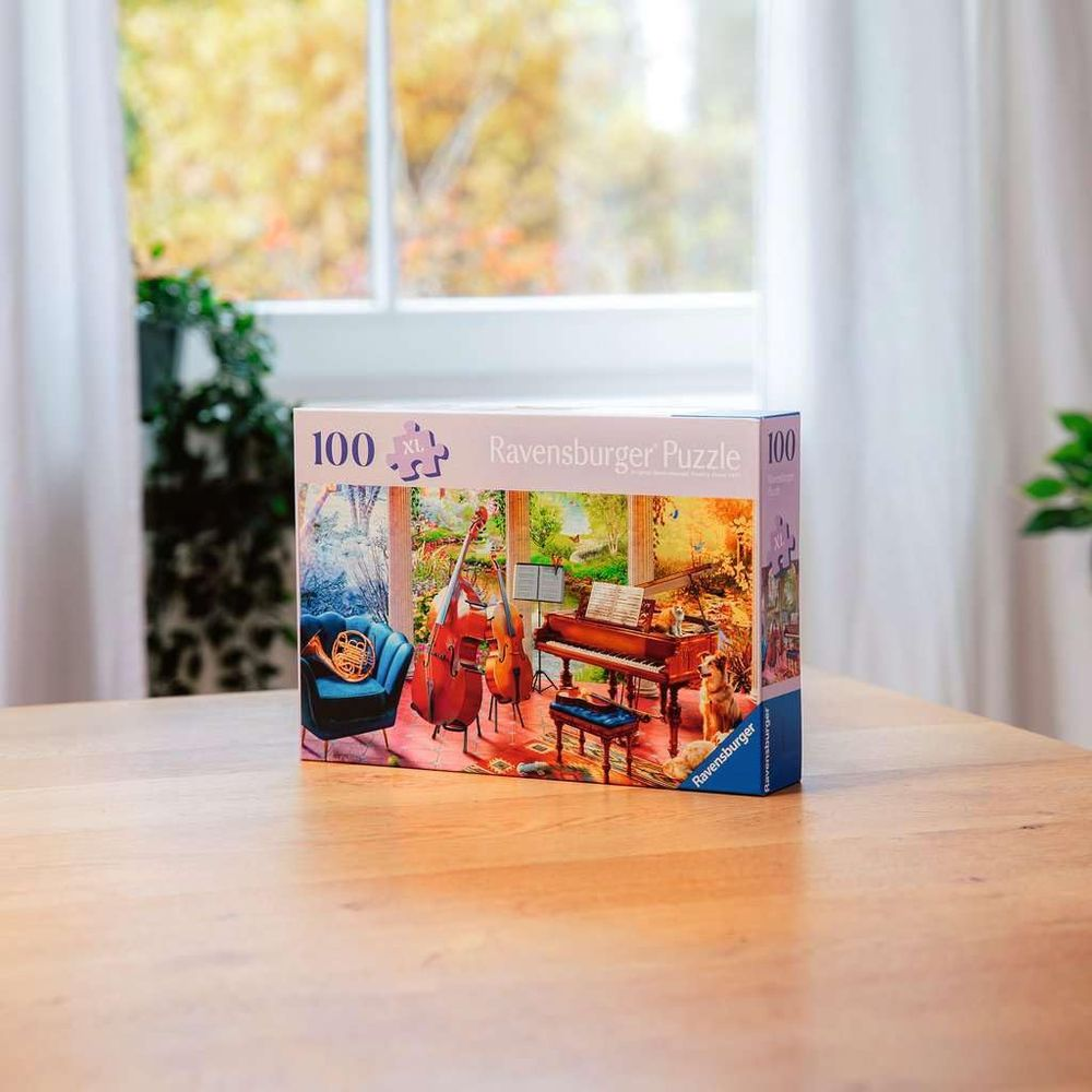 Puzzle-Box mit Musikzimmer-Szene: Klavier, Cello, Kontrabass, Horn und Hund.