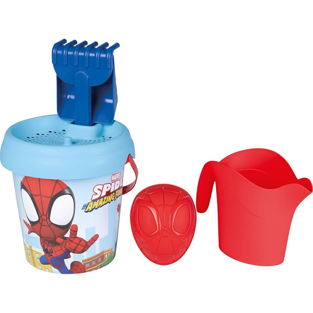 Wiadro Spidermana z niebieską pokrywką, czerwoną maską i czerwoną konewką.