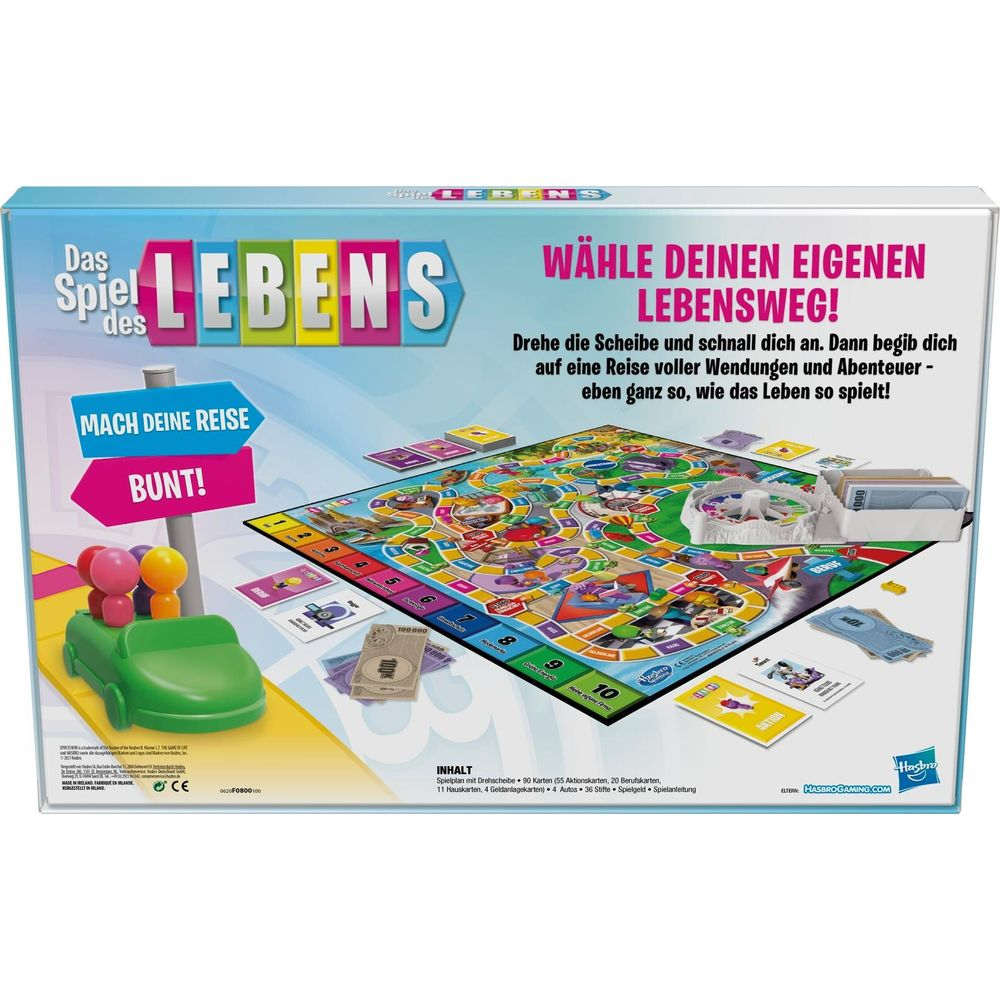 Brettspiel 'Das Spiel des Lebens' mit Spielbrett, Auto, Spielfiguren und Karten.