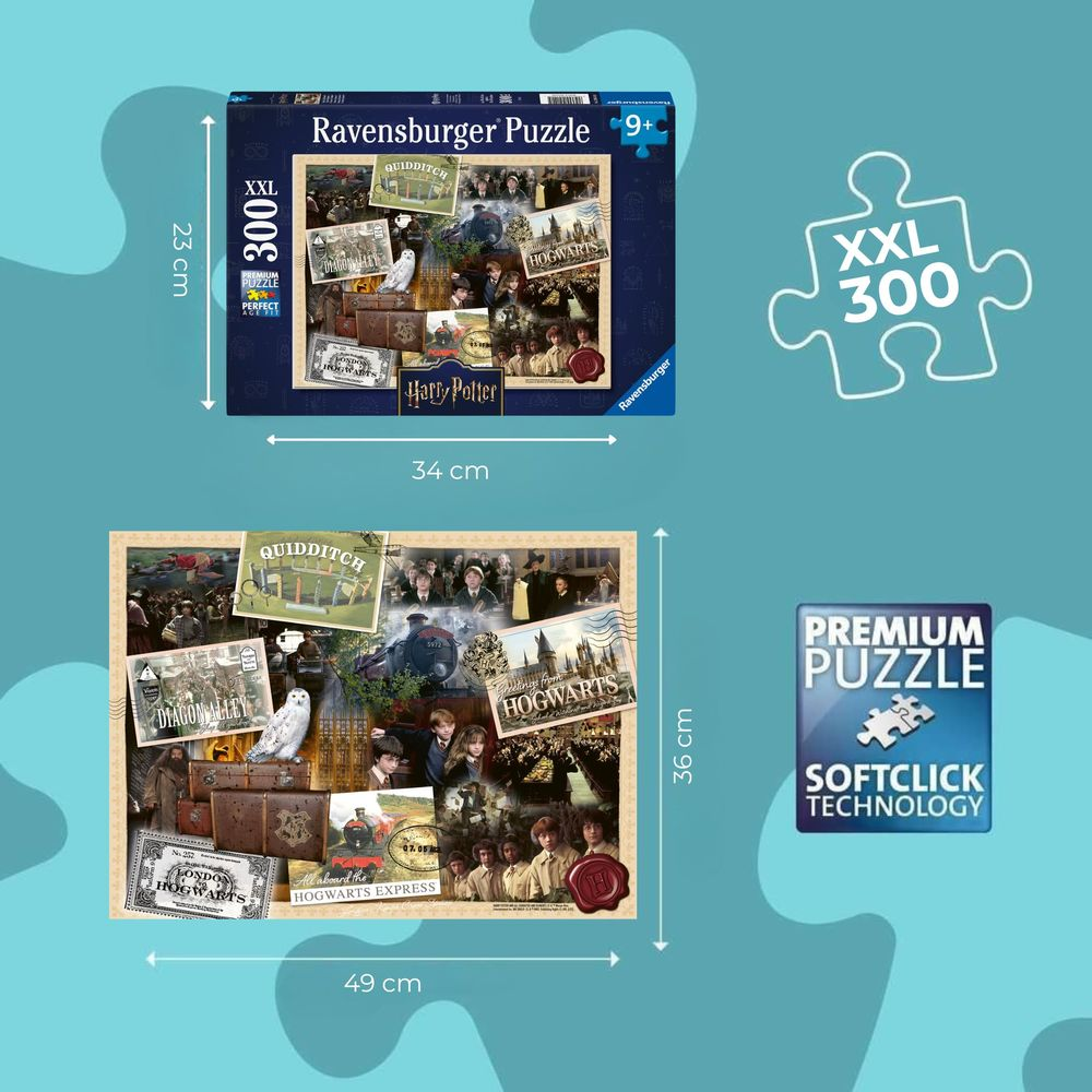 Puzzle Ravensburger Harry Potter XXL (300 pezzi) e puzzle completato (36x49cm).